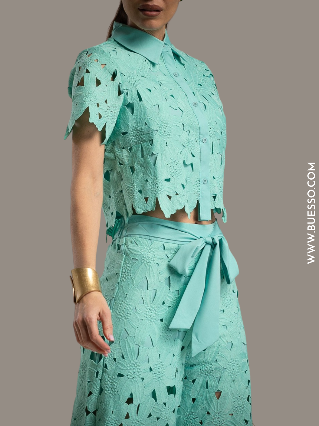 Ensemble pantalon femme en dentelle Guipure Delhi menthe