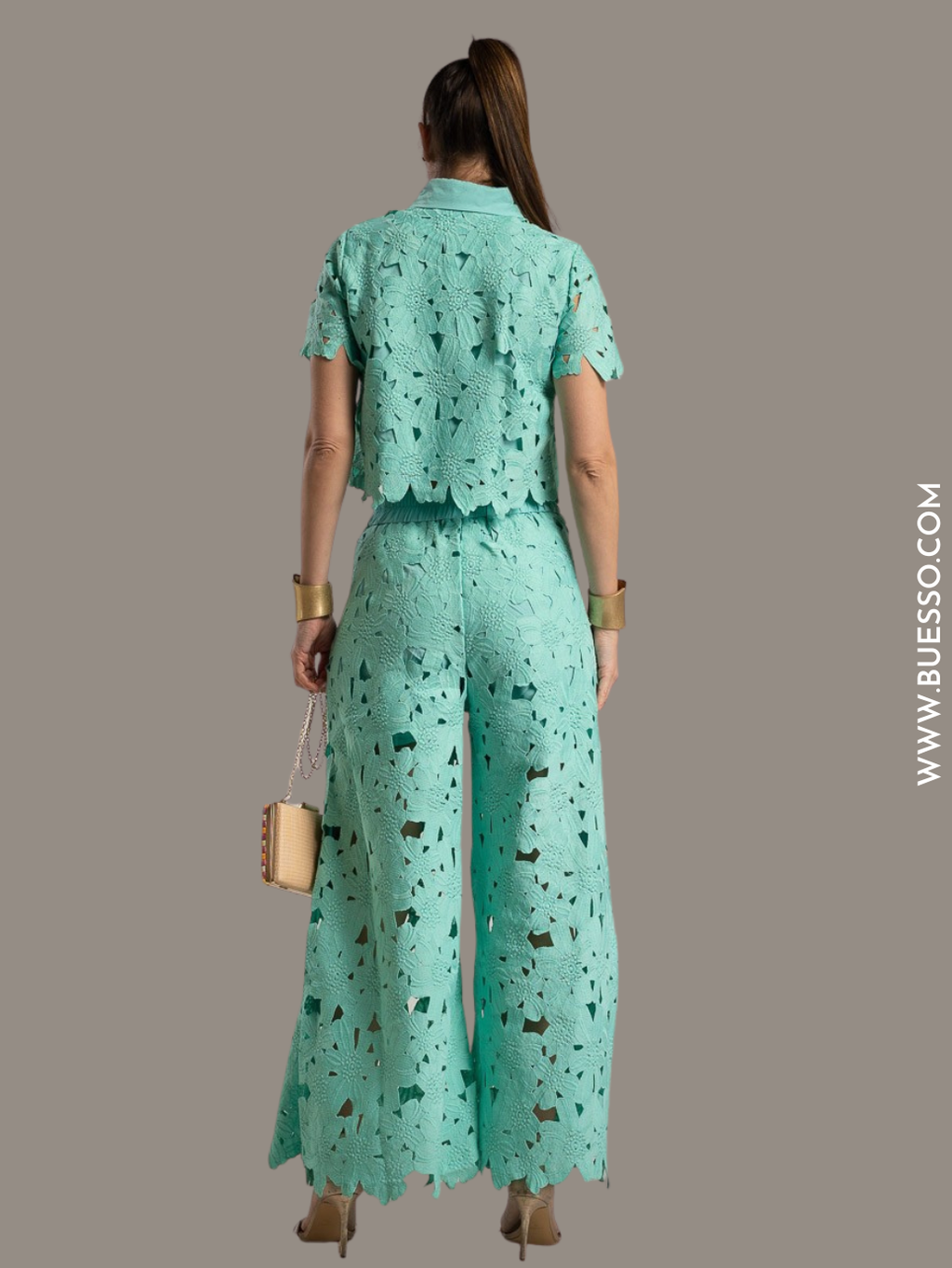 Ensemble pantalon femme en dentelle Guipure Delhi menthe