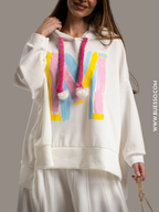 Pull BLANC à capuche oversize imprimé M