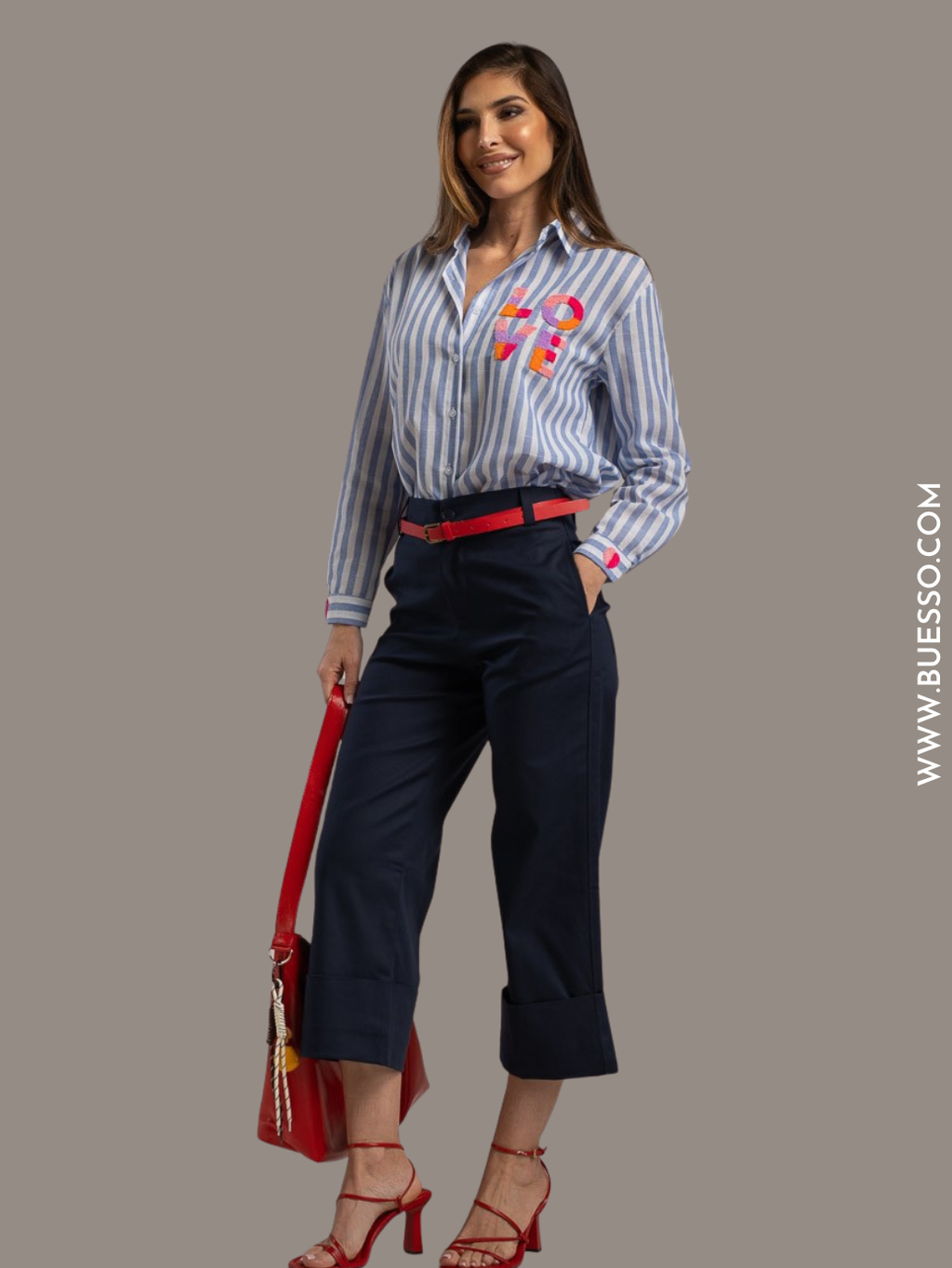 Chemise femme à rayures avec broderie LOVE rose & fuchsia