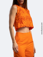 Ensemble pantalon femme Orange en coton ajouré motifs palmiers | Look chic & élégant
