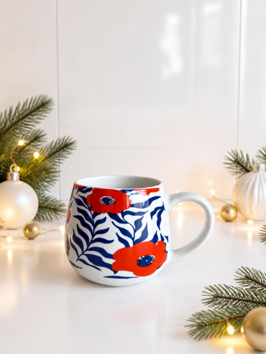 Mug en porcelaine fleurs oranges et bleues - 36 cl