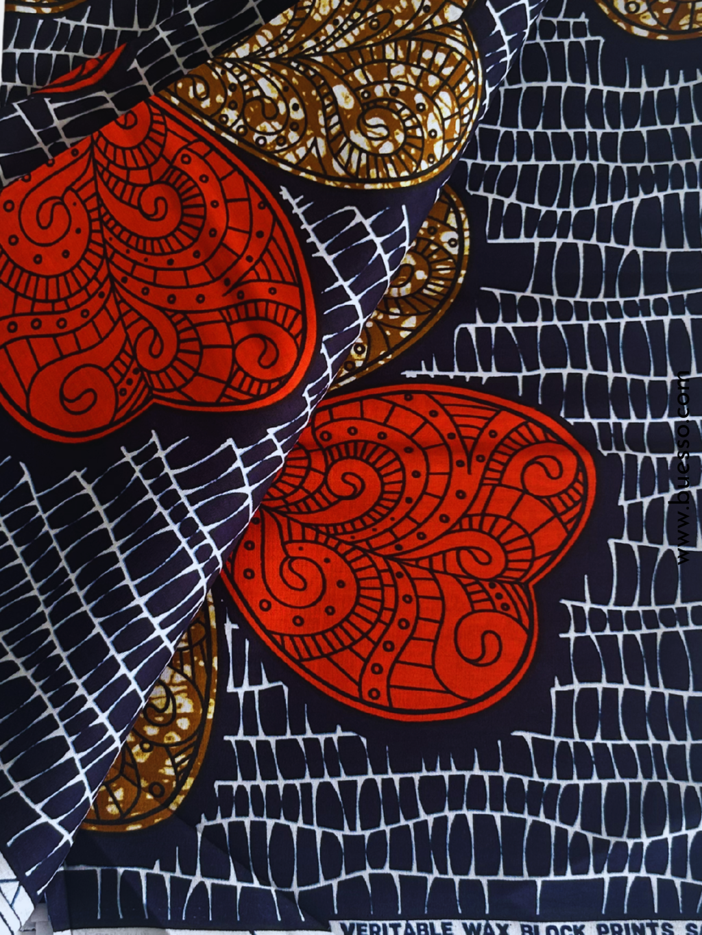 Pagne wax bleu motifs feuilles en forme de coeur en coton