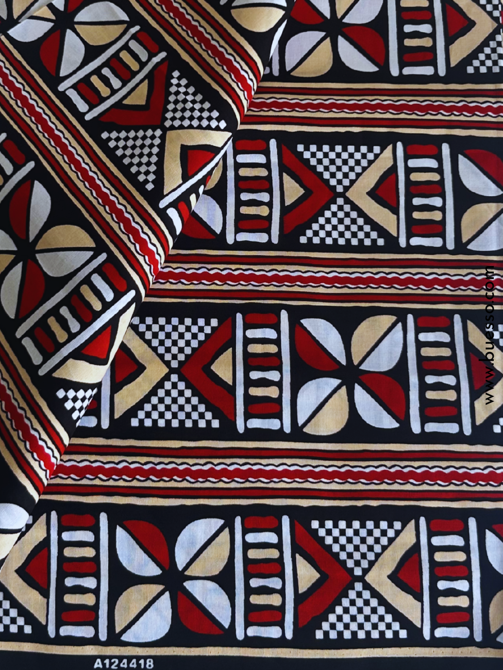 Pagne wax Bogolan rouge/noir motifs graphiques ancestraux africains
