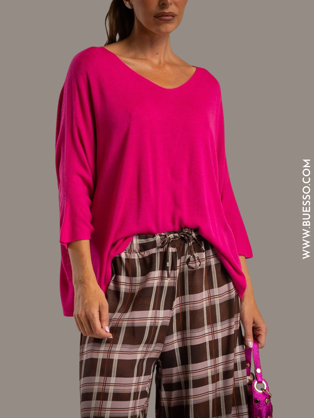Pull rose fuchsia femme col v arrondi