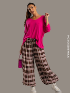 Pull fin femme rose fuchsia col V décolleté en laine et angora