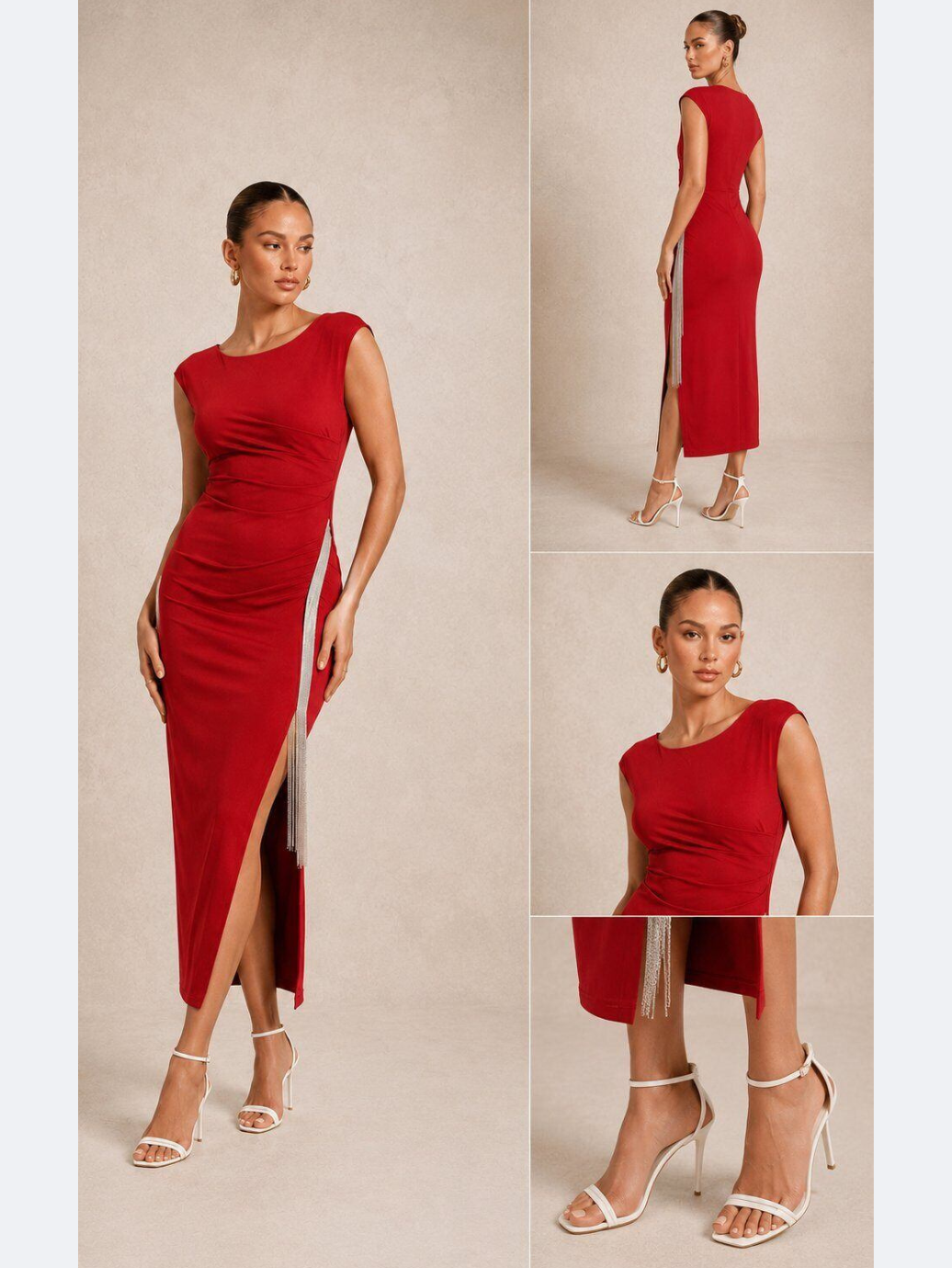 Robe de soirée rouge élégante avec détail bijou & fente