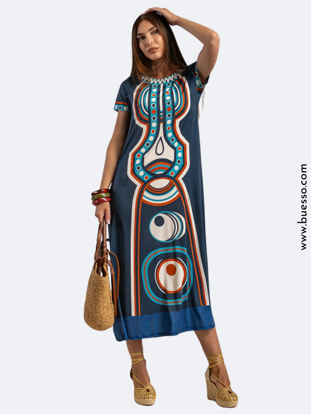 Robe bleu en lycra froid motif Zapotec femme