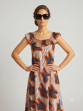 Robe femme en Wax beige col bateau smocké | Confort absolu