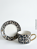Tasse léopard sablée avec sous-tasse en porcelaine | liséré & anse dorés