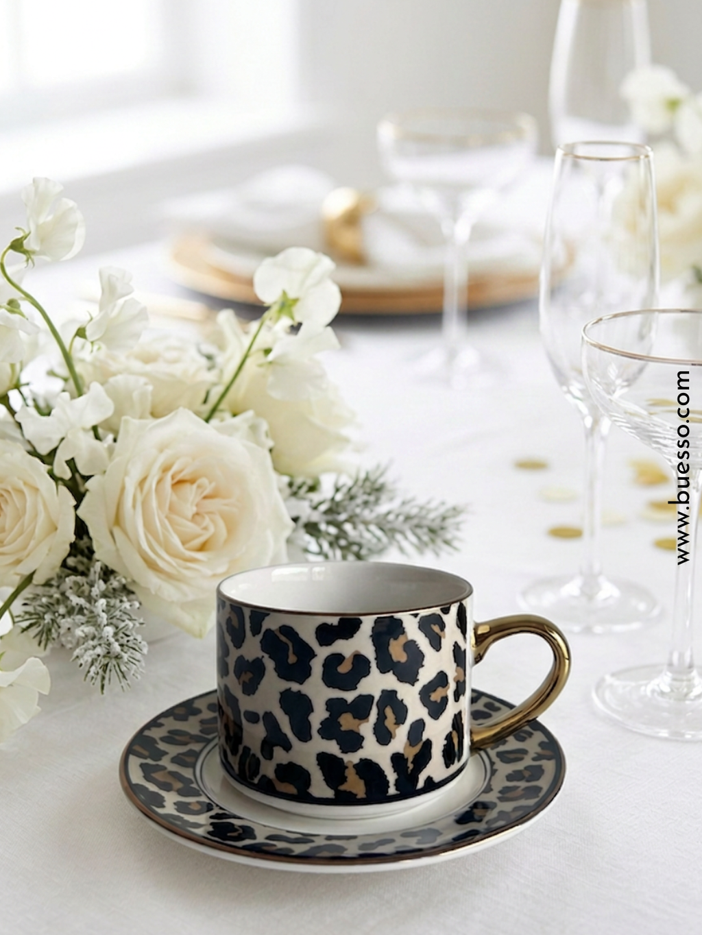 Tasse léopard sablée avec sous-tasse en porcelaine | liséré & anse dorés