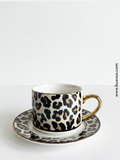 Tasse léopard sablée avec sous-tasse en porcelaine | liséré & anse dorés