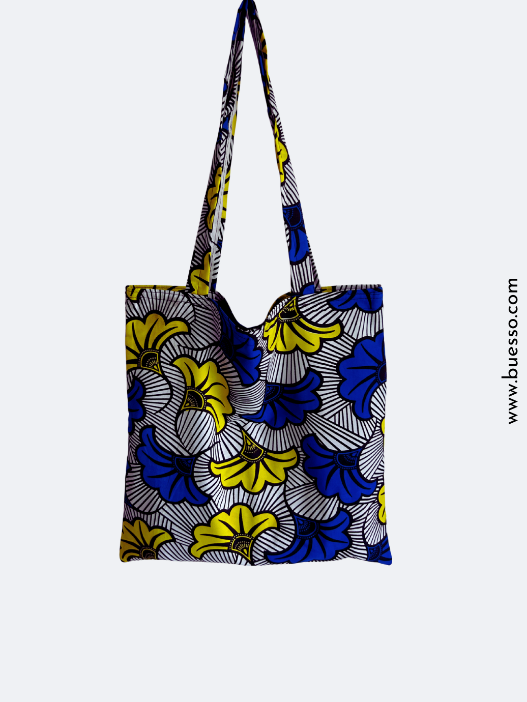Tote bag en WAX Fleur de mariage bleu et jaune fait main