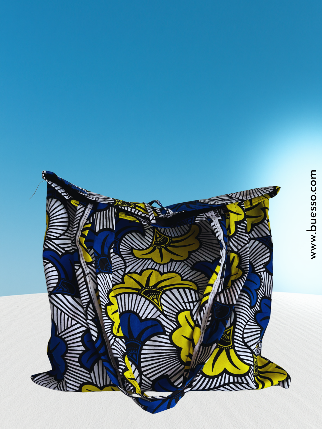 Tote bag en WAX Fleur de mariage bleu et jaune fait main