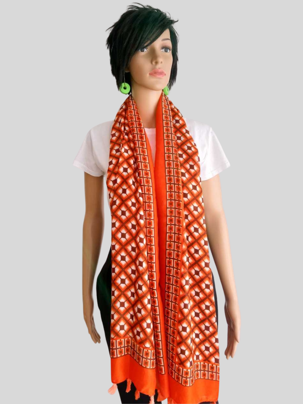 BUESSO - Foulard à franges imprimé à carreaux ORANGE