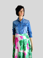 BUESSO - Jupe ROSE/VERTE satinée imprimée à fleurs