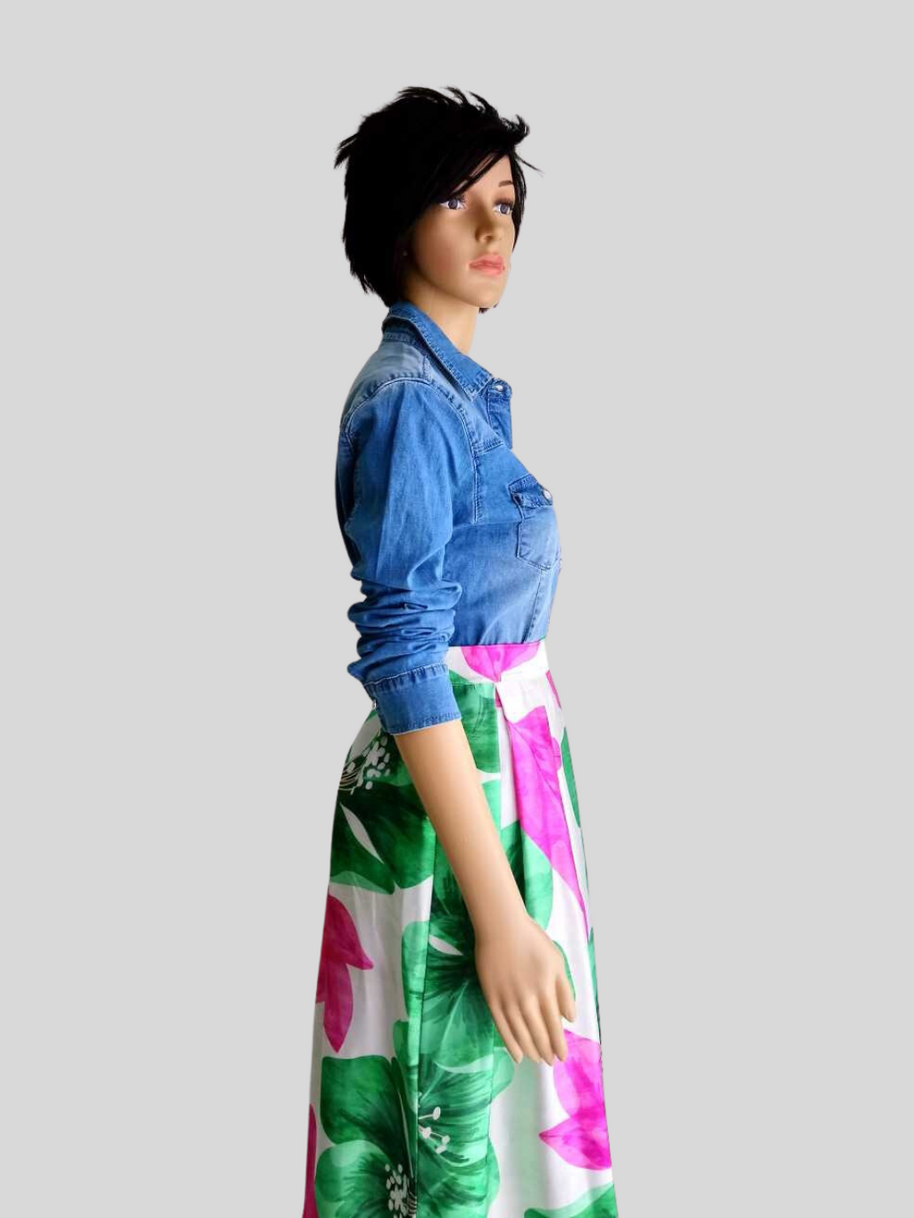 BUESSO - Jupe ROSE/VERTE satinée imprimée à fleurs