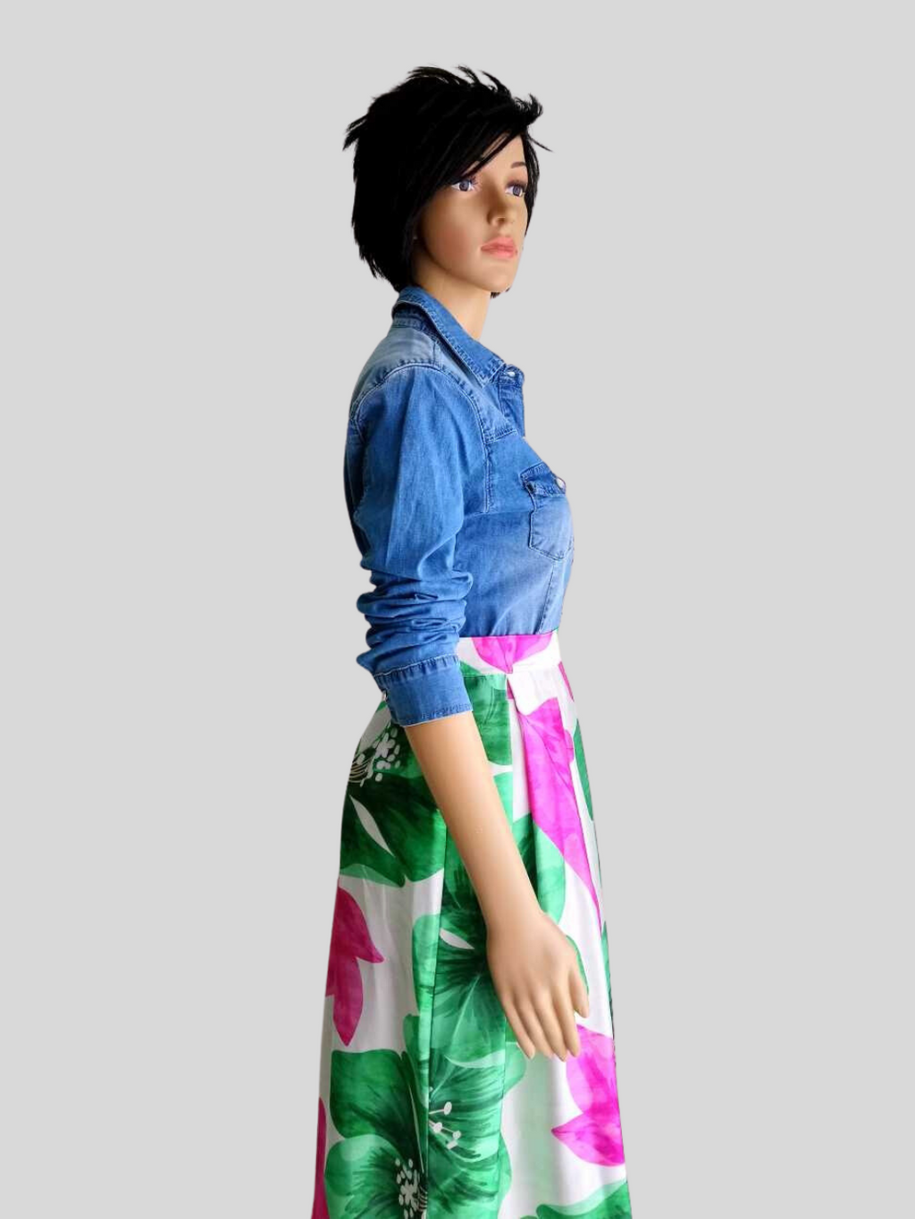 BUESSO - Jupe ROSE/VERTE satinée imprimée à fleurs