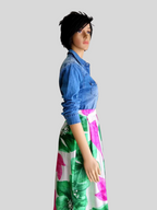 BUESSO - Jupe ROSE/VERTE satinée imprimée à fleurs