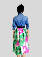 BUESSO - Jupe ROSE/VERTE satinée imprimée à fleurs