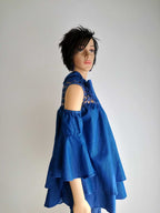 Buesso - Blouse en JEANS avec col lavallière à nouer BLEUE 