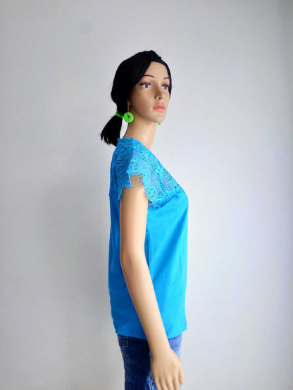 T-shirt BLEU TURQUOISE en dentelle