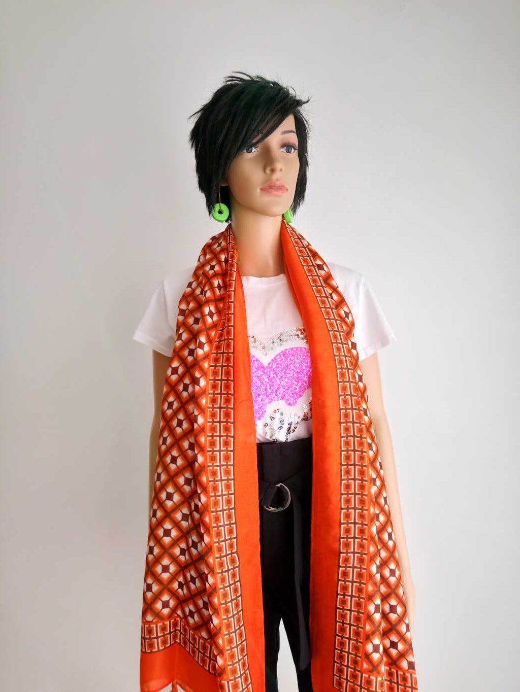 BUESSO - Foulard à franges imprimé à carreaux ORANGE