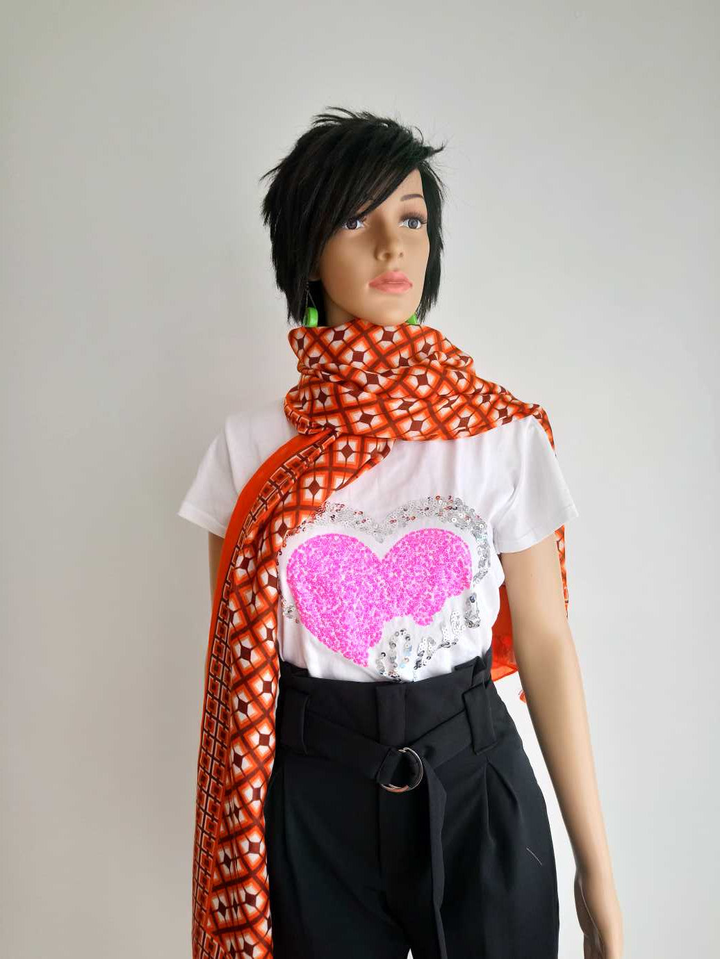 BUESSO - Foulard à franges imprimé à carreaux ORANGE